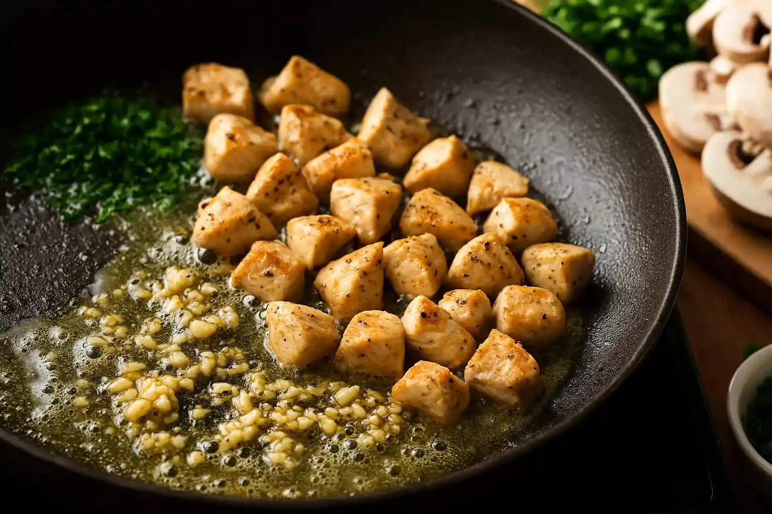 مرحله سوم طرز تهیه پاستا ایتالیایی: تفت دادن مرغ با سیر