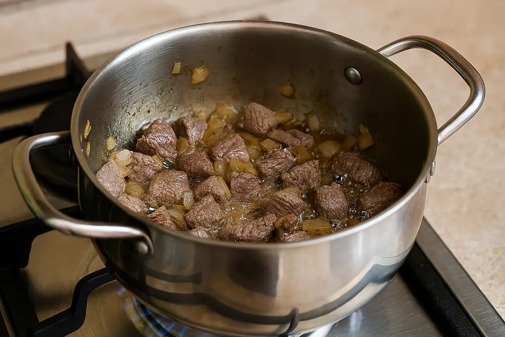 تفت دادن پیاز و گوشت قرمه سبزی